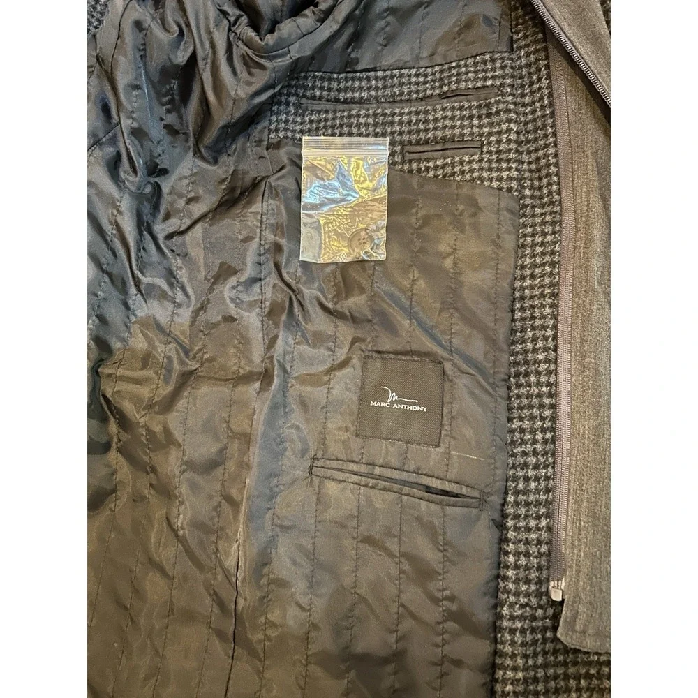 Marc Anthony Peacoat W/Bib Black‎ Gray Houndstooth Mens 40L Elbow Patch